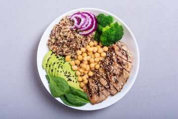 Wall Mural - Buddha bowl with broccoli , quinoa , grilled chicken , avocado and spinach