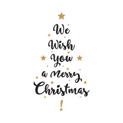 We wish you a merry christmas hand drawn style text in tree shape and golden star decorations. Vintage christmas message.