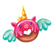 Pink pig donut also wants to be a unicorn, so he grew small wings, created with watercolor and magic