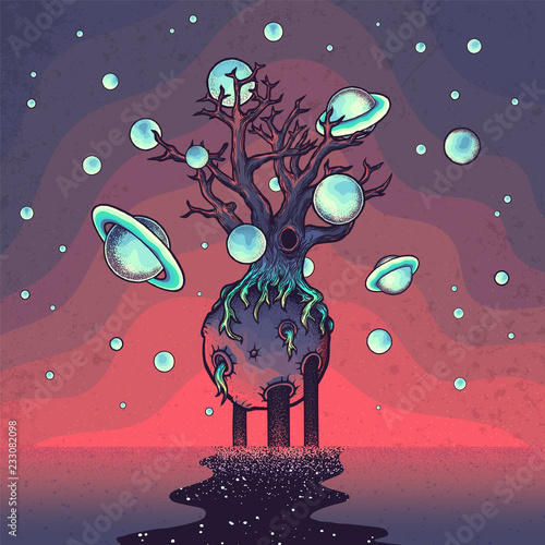 Photo  Hand drawn abstract mystery tree on the moon in deep space.