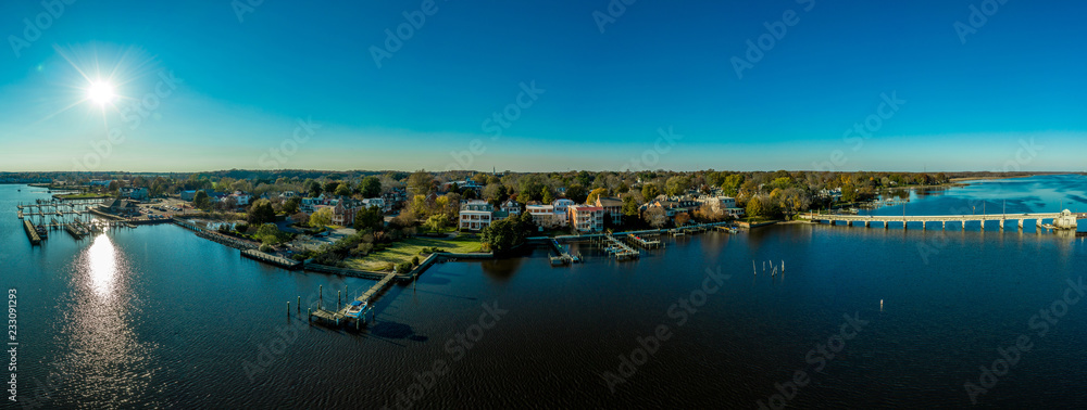 Aerial panorama view of historic colonial chestertown near annapolis situated on the chesapeake bay during an early november afternoon - obrazy, fototapety, plakaty 