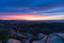 Colorful Sunrise View Above The San Fernando Valley In Los Angeles California.  Shot From Rocky Peak Park In The Santa Susana Mountains Near Simi Valley.  