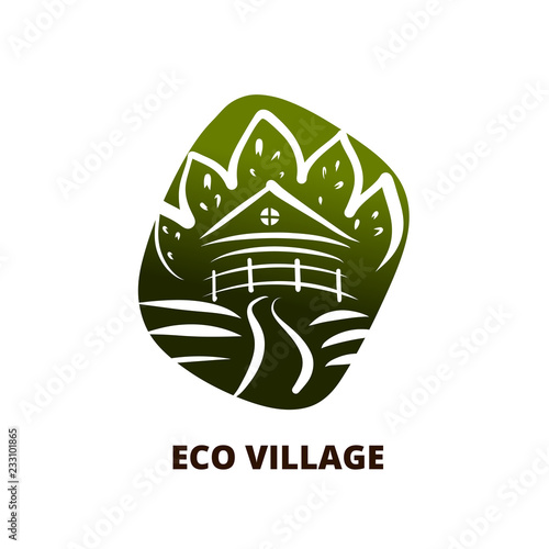 Template Logo With Silhouette Eco Wood House And Tree Concept