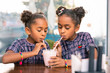 © zinkevych - Cocktail together. Beautiful cute stylish sisters wearing bright bracelets drinking milk and fruit cocktail together