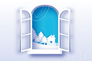 Wall Mural - White Winter Origami Landscape and Village with blue sky. City Urban Countryside with forest in paper cut style. Holidays. Merry Christmas and Happy New Year. Blue. Origami window frame.