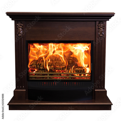 Fotografía Classic burning fireplace isolated on white background