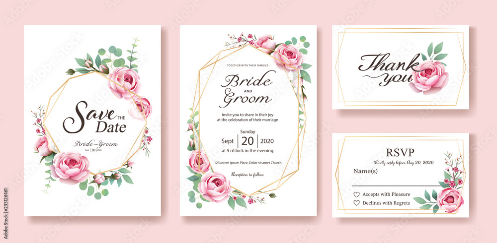 Floral wedding Invitation, save the date, thank you, rsvp card Design template. Vector. Queen of Sweden rose, silver dollar, leaves, Wax flower. vector. - obrazy, fototapety, plakaty 