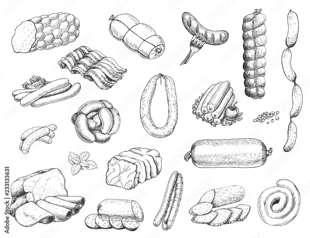 Vector set of different meat products in sketch style. Sausages, ham, bacon, lard, salami - obrazy, fototapety, plakaty 