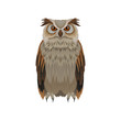 Great horned owl with brown plumage, front view. Large forest bird. Ornithology and fauna theme. Flat vector icon