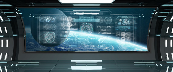 Aufkleber - Dark spaceship interior with control panel digital screens 3D rendering