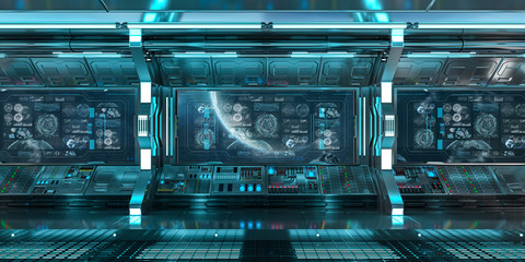 Canvas Print - blue spaceship interior with control panel screens 3d rendering