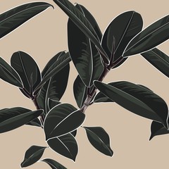 Wall Mural - Beautiful seamless floral pattern background with dark tropical ficus elastica. Perfect for wallpapers, web page backgrounds, surface textures, textile.