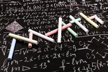 writing math from chalk on background scientific formulas and calculations in physics and mathematics.