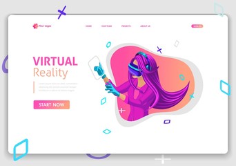 Wall Mural - template website isometric landing page concept vr virtual reality concept girl augmented glasses. e