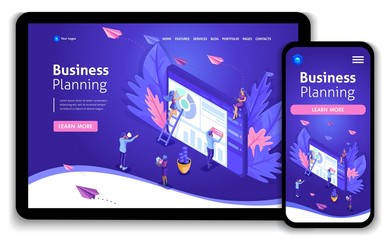 Wall Mural - business website template design. isometric concept work on data collection, time management, busine