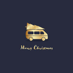 Wall Mural - Christmas time. Mini van transporting a Christmas tree. Text : Merry Christmas