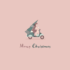 Wall Mural - Christmas time. Young woman on scooter transporting a Christmas tree. Text : Merry Christmas