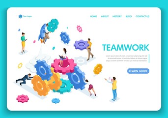 Wall Mural - business website template design. isometric concept work of businessmen, teamwork, brainstorming. ea