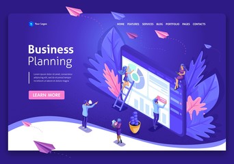 Wall Mural - business website template design. isometric concept work on data collection, time management, busine