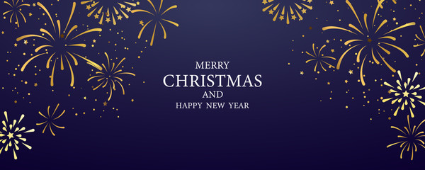 festival fireworks banner Merry Christmas and Happy New Year background.