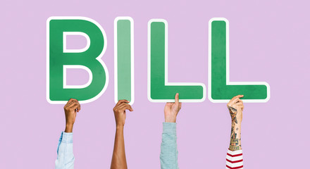 Wall Mural - Hands holding up green letters forming the word bill