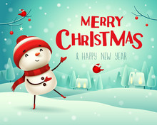 Merry Christmas! Cheerful Snowman Greets In Christmas Snow Scene Winter Landscape.