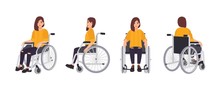 Smiling Young Woman In Wheelchair Isolated On White Background. Female Character Undergoing Rehabilitation After Trauma Or Disease. Front, Side, Back Views. Vector Illustration In Flat Cartoon Style.