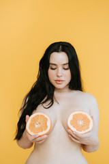 Curvy woman with fruit boobs