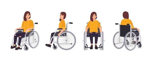 Smiling young woman in wheelchair isolated on white background. Female character undergoing rehabilitation after trauma or disease. Front, side, back views. Vector illustration in flat cartoon style.