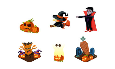 Poster - Halloween related objects and creatures set, zombie, scary pumpkin, witch on broomstick, ghost, cemetery, user interface assets for mobile apps or video games vector Illustration