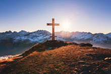 Cross On The Top Of The Mount At Sunset Light, Sunny Alpine Landscape, Sharek Peak, Hohe Tauern National Park, Carinthia, Austria