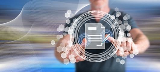 Wall Mural - Man touching a smart contract concept