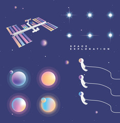 Wall Mural - collection of colorful gradient planets, astronauts, stars and space station