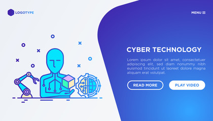 Cyber technology concept: Ai creates 3D. Thin line icons: robotic arm, global network. Vector illustration, web page template.