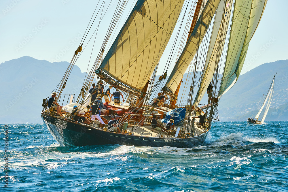 Sailing yacht under full sail - obrazy, fototapety, plakaty 