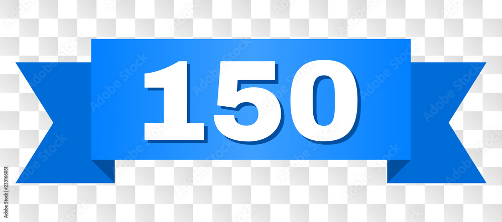 150 text on a ribbon. Designed with white caption and blue stripe ...