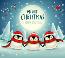 Cute Little Penguins Under The Moonlight In Christmas Snow Scene Winter Landscape. Christmas Cute Animal Cartoon Character.