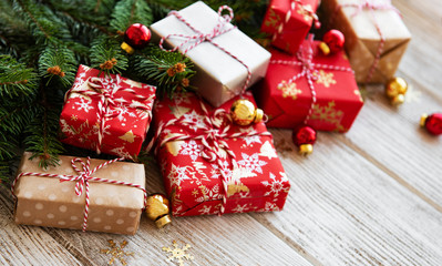 christmas background with decorations and gift boxes