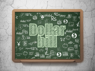 Canvas Print - Currency concept: Chalk Green text Dollar Bill on School board background with  Hand Drawn Finance Icons, 3D Rendering