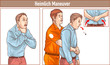 Clip Art of One man stands behind the conscious victim with his hands in the proper position on the victim's abdomen to perform the Heimlich maneuver