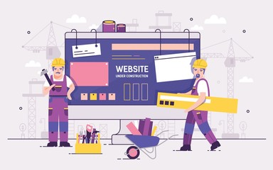 Pair of servicemen or repairmen holding and carrying repair tools against computer monitor on background. Concept of website under construction, web page maintenance or error 404. Vector illustration.
