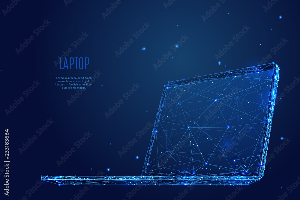 A laptop composed of polygons. Low poly vector illustration of a starry sky style. Notebook consists of lines, dots and shapes. Internet or digital or devices and computer symbol. - obrazy, fototapety, plakaty 
