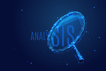 Aufkleber - A magnifying glass composed of polygons. Low poly vector illustration of a starry sky style. Analysis or Search symbol. Business or Internet technology concept.