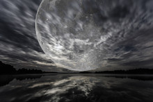 Mystery Landscape, Big Full Moon Over Dark Lake, Long Exposure Shot