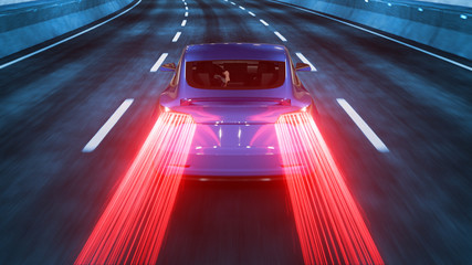 Wall Mural - Modern Electric car rides through tunnel with cold blue light style 3d rendering