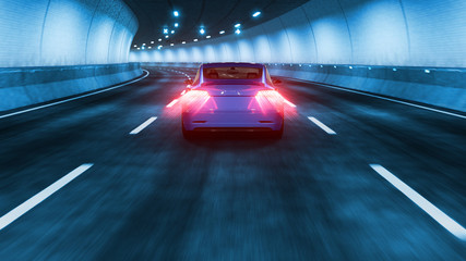 Modern Electric car rides through tunnel with cold blue light style 3d rendering