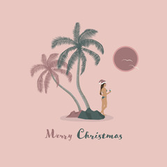 Wall Mural - Christmas time. Young woman in bikini with cocktail and Christmas hat. Text : Merry Christmas