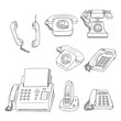 Vector Set of Sketch Telephones and Handsets. Collection of Phones.