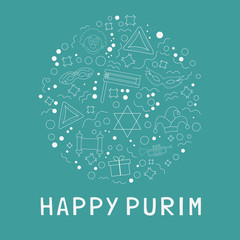 Purim holiday flat design white thin line icons set in star of david shape with text in english