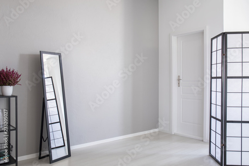 Real Photo Of Minimal Entrance Hall Interior With Light Grey Empty Wall Black Mirror And White Door Buy This Stock Photo And Explore Similar Images At Adobe Stock Adobe Stock